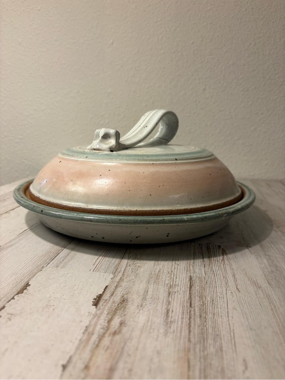Handcrafted Ceramic Covered Dish in Soft Peach and Sage